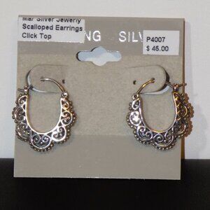New 925 Sterling Silver Hobnail Scalloped Filigree Click-Top Hoop Earrings
